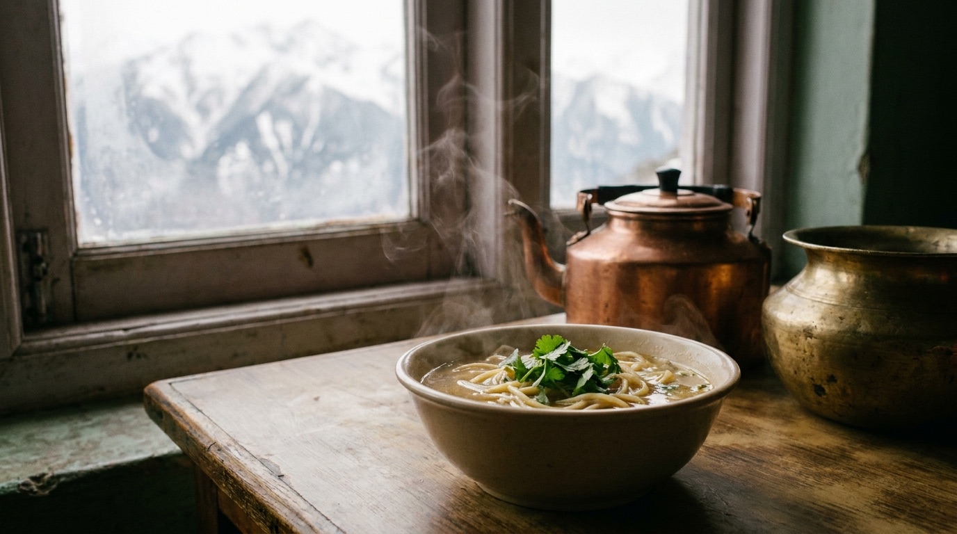 A steaming bowl of thukpa by a kitchen window with snow peaks outside